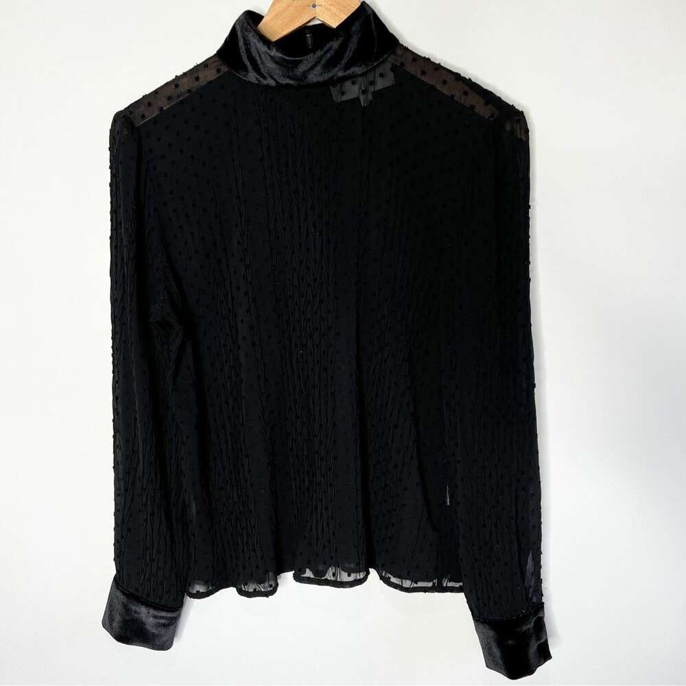 Mare Mare Blouse Sheer Polka Dot Velour Cuffs Long Sleeve Top Black Women Small